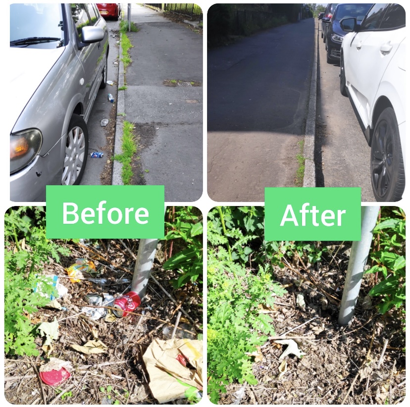 A 'before' and 'after' image of outdoor spaces tidied up during a litter pick.
